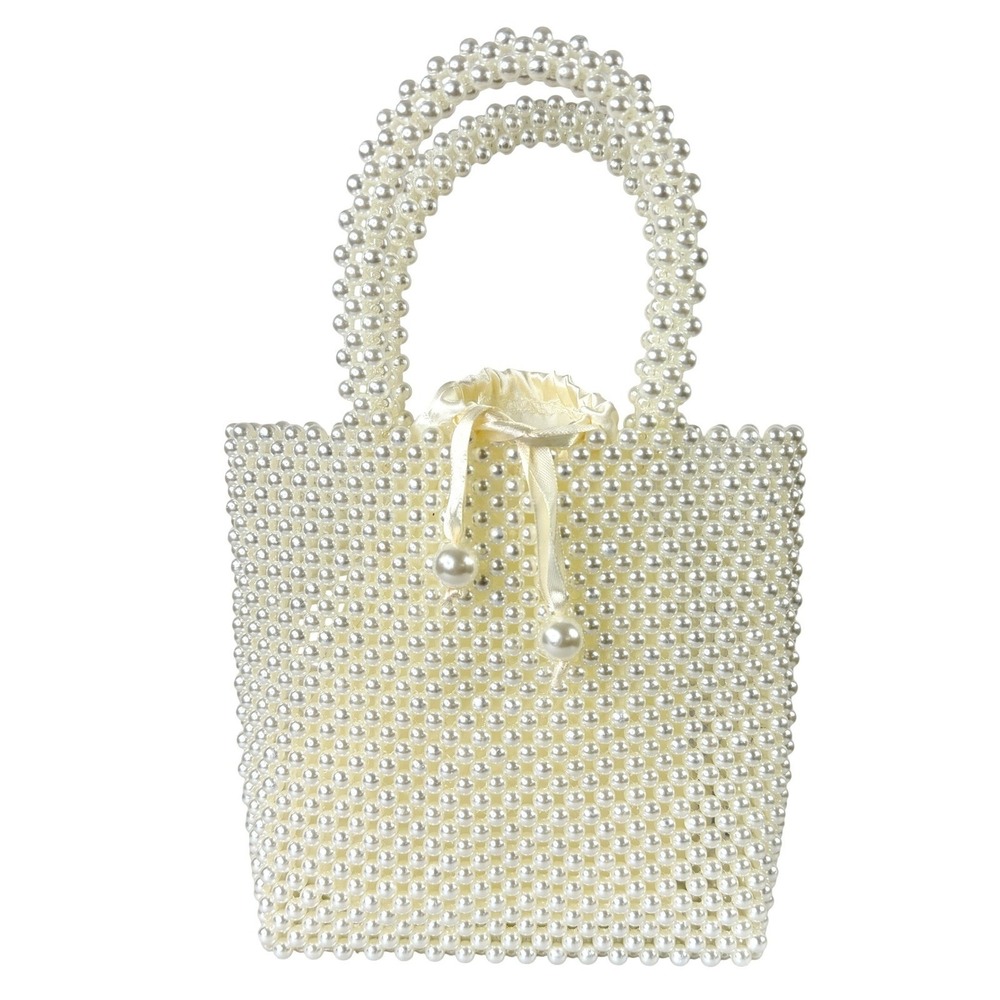 Vintage Faux‎ Pearl Beaded Evening Bag Tote Purse Cream Bridal Formal Small